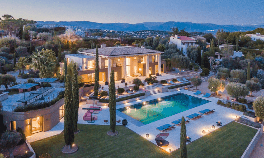 Panoramic garden terrace with seating area at Vallauris villa